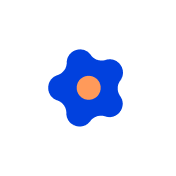 주황 포인트 원이 있는 파란 꽃잎 달린 꽃모양 도형